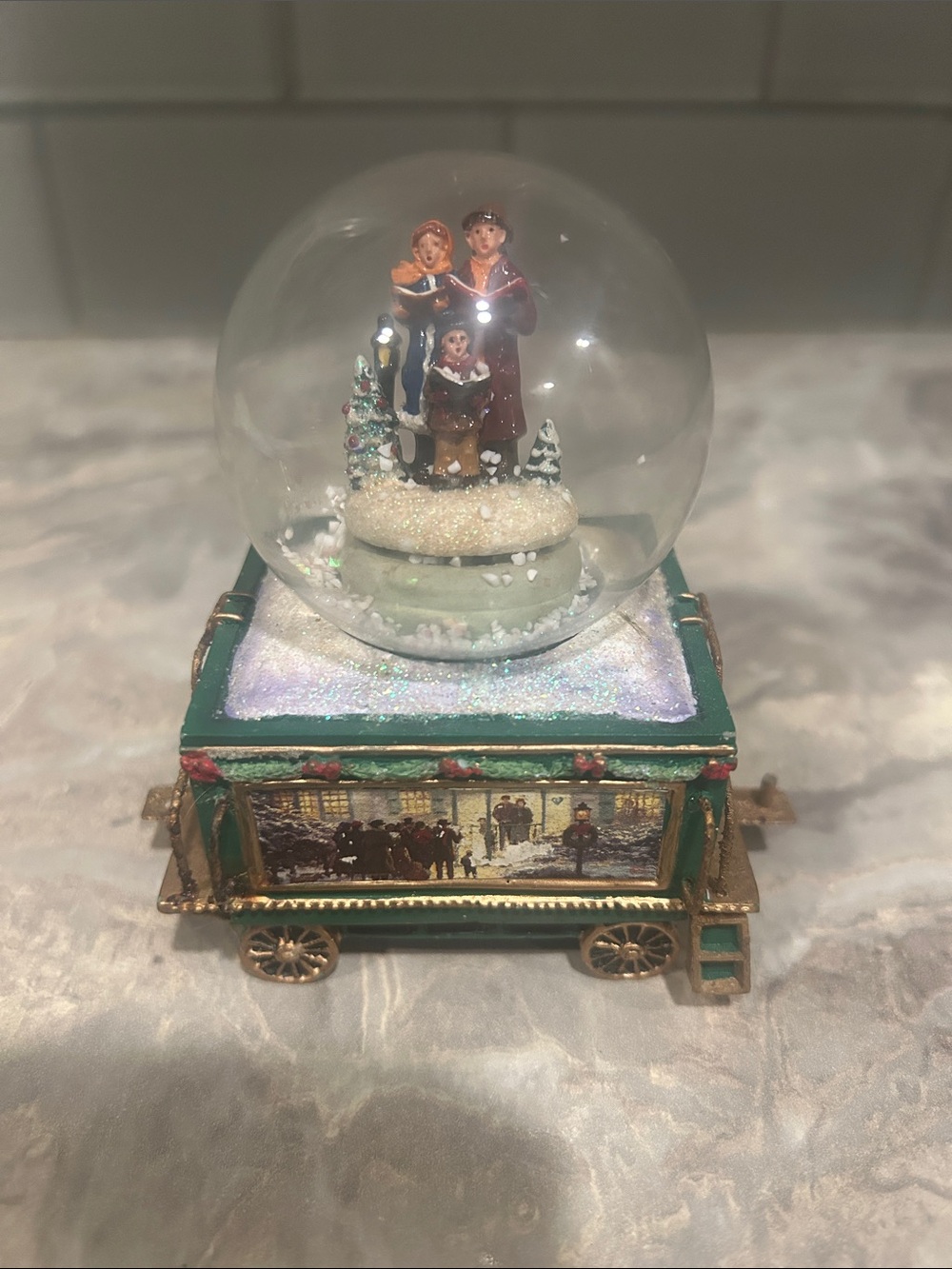 The Bradford Exchange Green and Gold Victorian Carolers Snow Globe Train